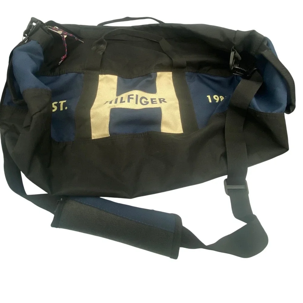 Tommy Hilfiger Duffle Bag Gym Travel Carry On Black Blue Logo 1985 Y2K Style EUC